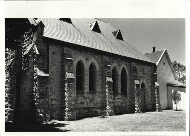 Angled elevation of West frontage showing hall at the rear of church
