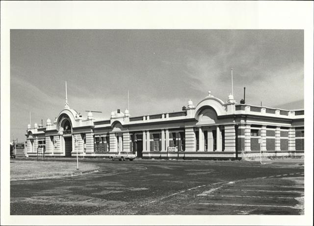 Angled front elevation of building