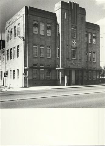 Angled front elevation of building