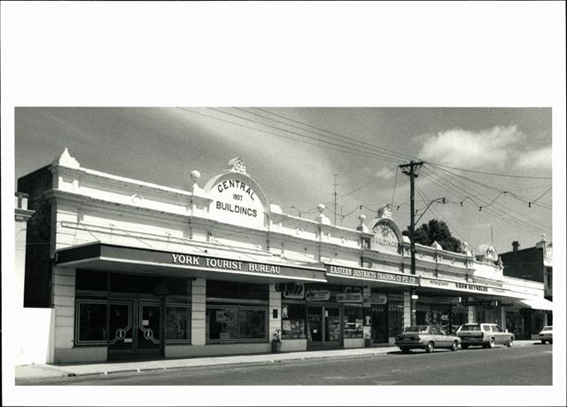 Angled front elevation of building facades