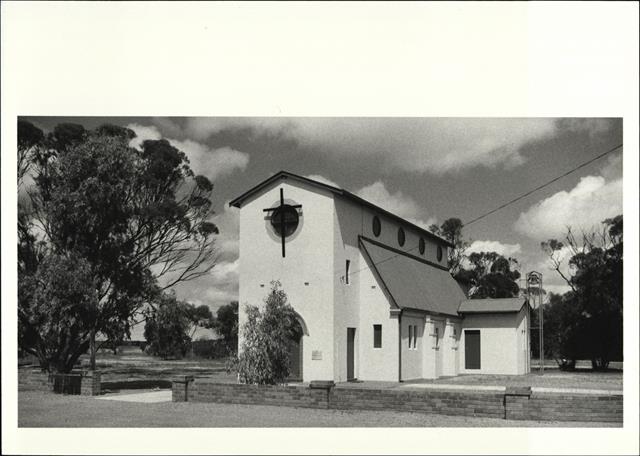 Angled front elevation of church