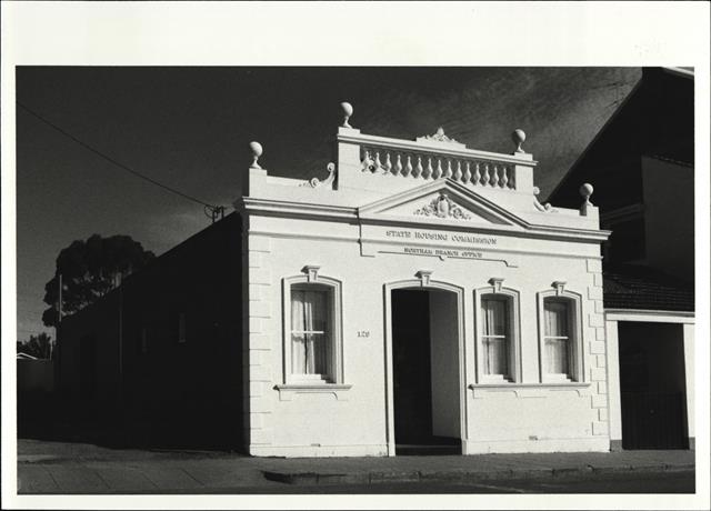 Angled front elevation of building