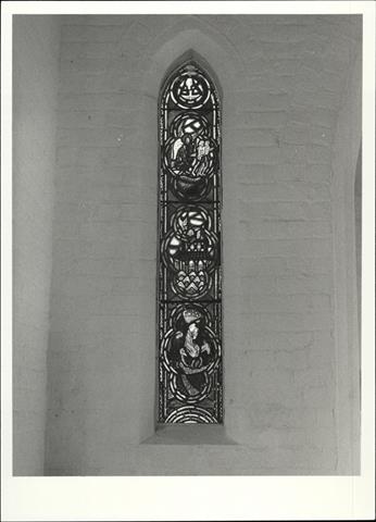 Interior view of church showing detail of stained glass window on North wall