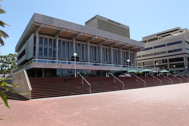 Southern-face of Perth Concert Hall, taken from raised steps area (small part of
