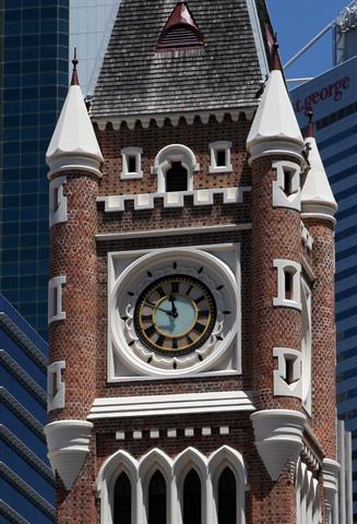 Close-up detail of clock tower Eastern view, as visible from Hay Street