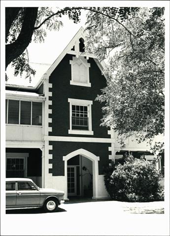 View of Brown House main entrance & gable