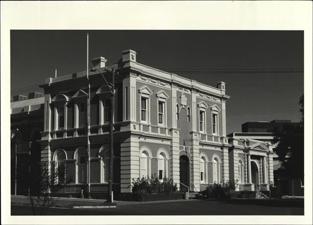 Front corner elevation of town hall with lesser hall visible to the right