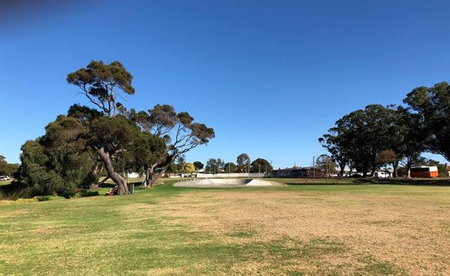 Playing fields and skate ramp on east side