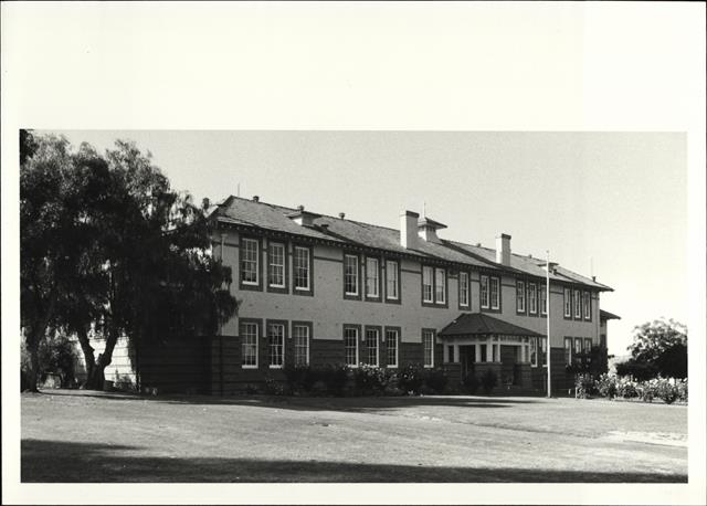 Angled front elevation of school building