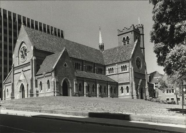 Left corner elevation of cathedral from Cathedral Avenue