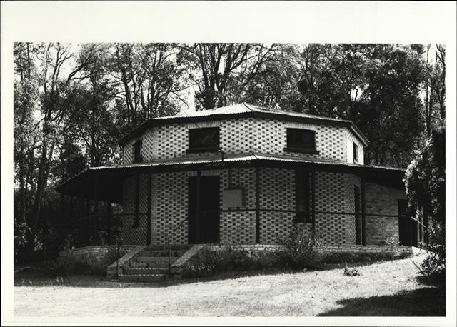 Angled front elevation of building