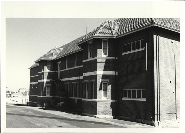 Angled rear elevation of building