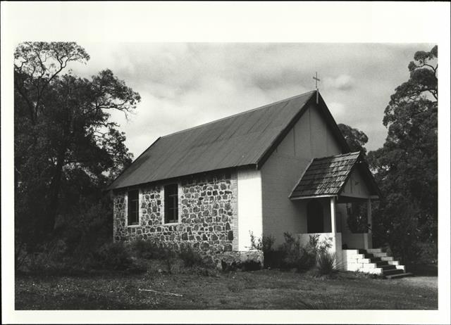 Corner elevation of building showing concrete block addition to front of church