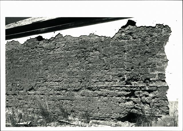 View of Left wall of building showing detail of exposed mud brick construction
