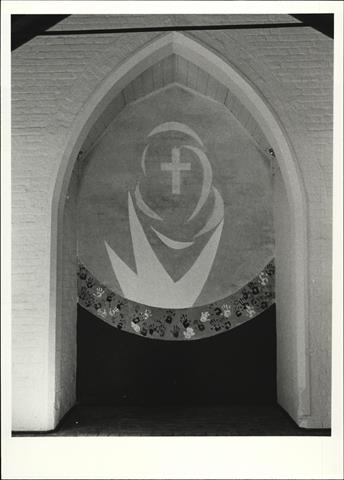 Interior view of church altar showing detail of reredos