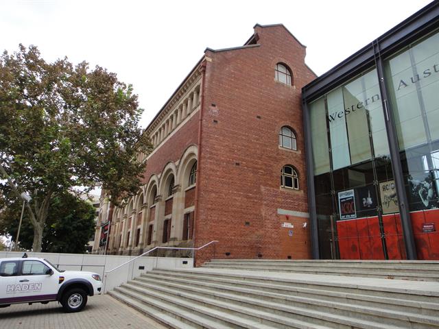View of building rear adjoing museum entrance