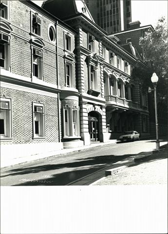 Angled view of central portion or lands & survey building Cathedral Avenue front