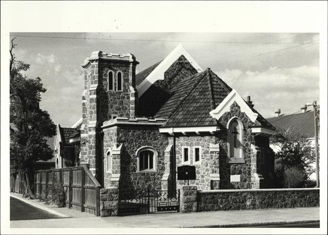 Angled front elevation of church