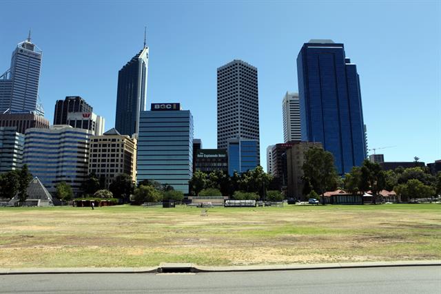 Grassed area as viewed from Riverside Drive. CBD in background