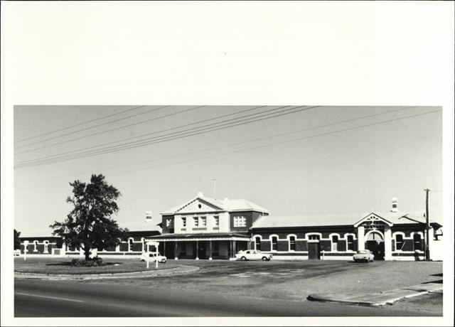 Angled front elevation of building