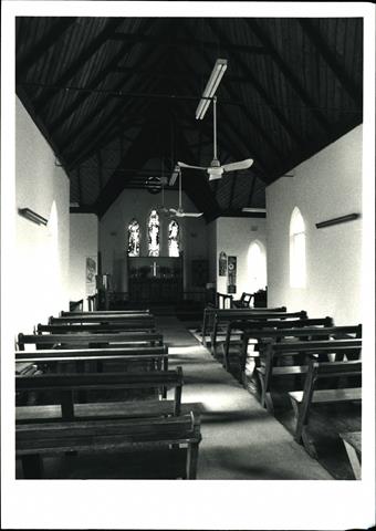 Interior view of St Mark's in Brookton, pews in the foreground