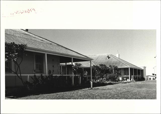 Angled front elevation of building