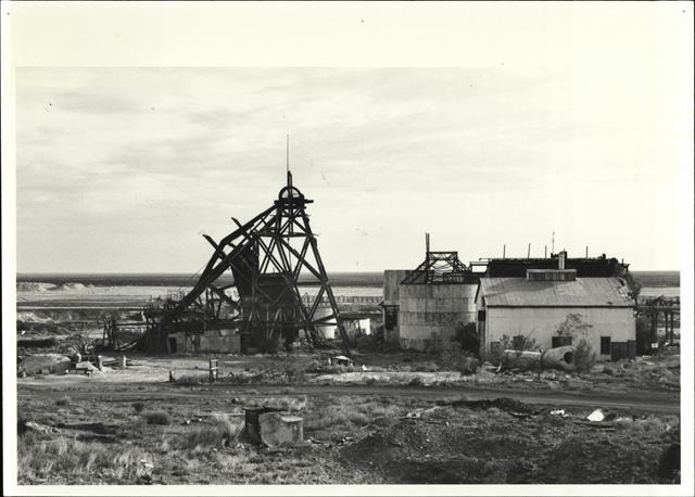 Distance view of headframe and associated buildings