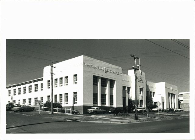 Front corner elevation of building