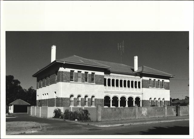 Angled front elevation of building