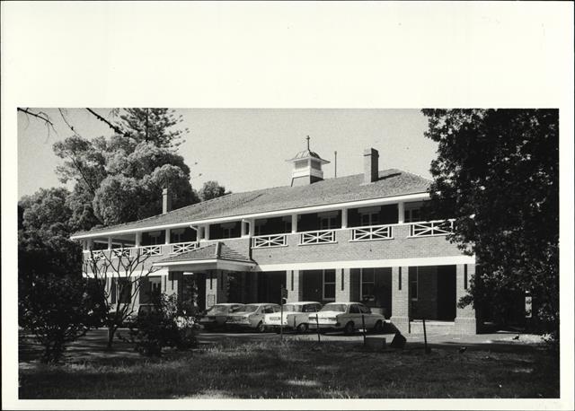 Angled front elevation of building