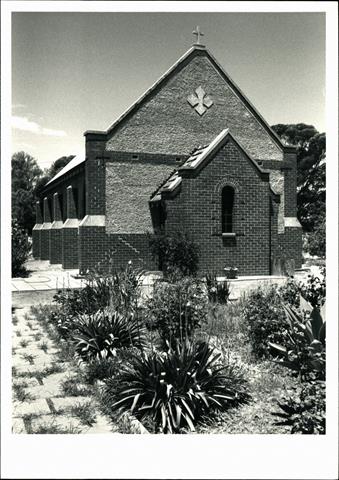 Angled front elevation of church