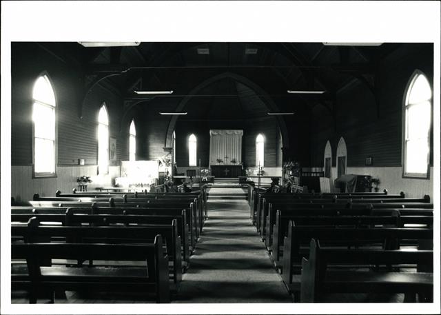 Interior view, pews in foreground, St Matthew's Anglican Church in Boulder