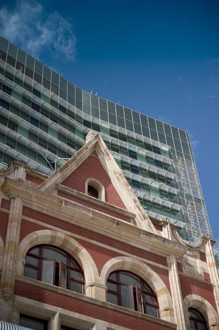 Angled view and close up of upper stories