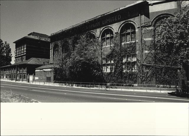 Angled front elevation of brewery from West