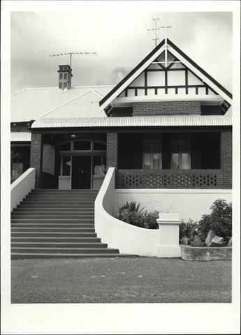 View of gable and main entrance of main building