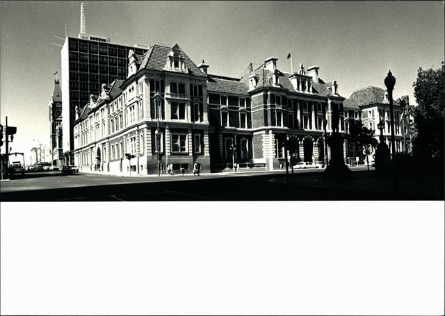 Angled elevation of St Georges Terrace frontage of treasury building