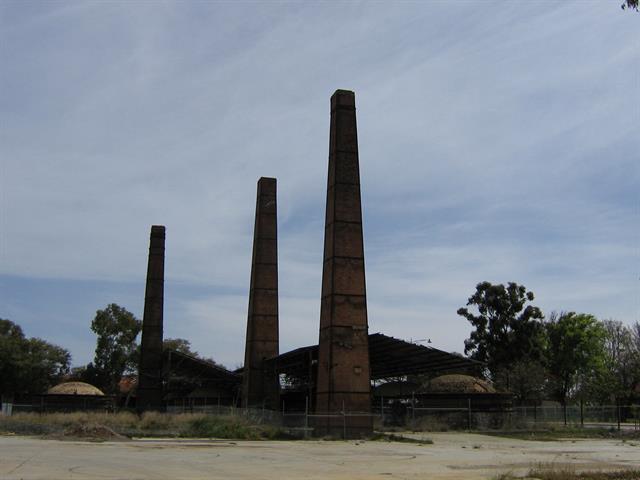 Looking north - beehive kilns 5,6,7,8,9,10,11,12 and 3 stacks