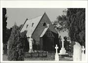 Angled elevation of front end of church showing headstones of East Pertth Cemete