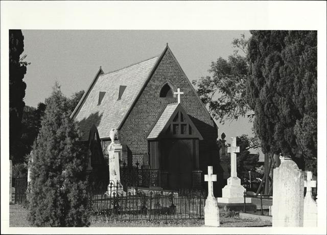 Angled elevation of front end of church showing headstones of East Pertth Cemete