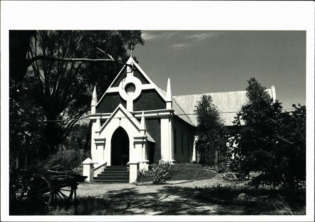 Angled front elevation of church