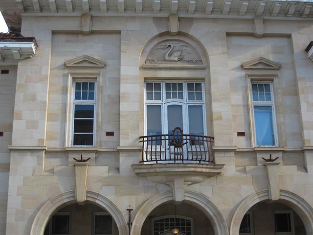 Front elevation showing relief carving and other detailing