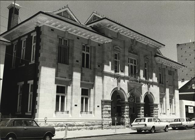 Angled front elevation of building