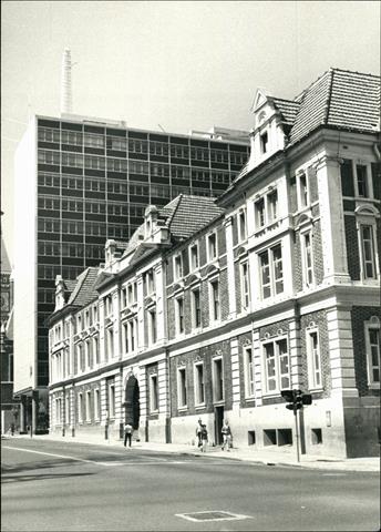 Angled elevation of Barrack Street frontage of treasury building