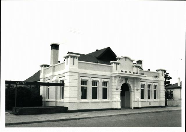 Angled front elevation of building
