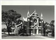 Angled front elevation of church