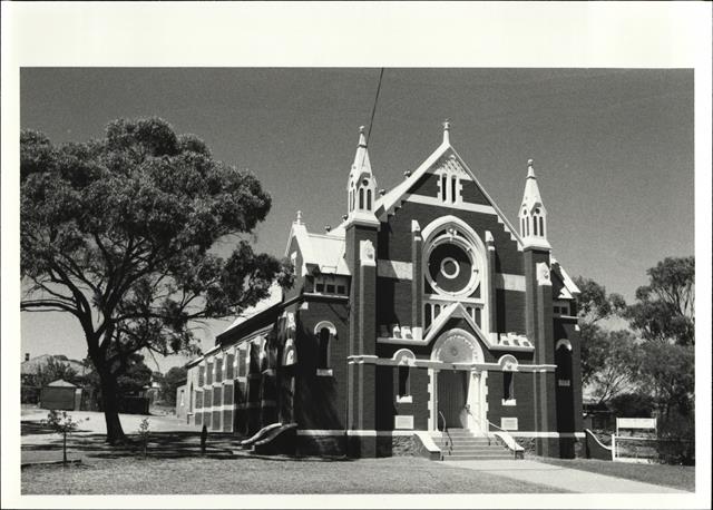 Angled front elevation of church