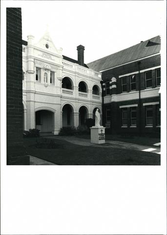 Front corner elevation of part of the central building and part of the East bloc