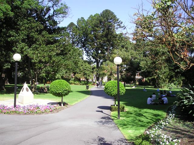 Gardens showing Court Building through trees