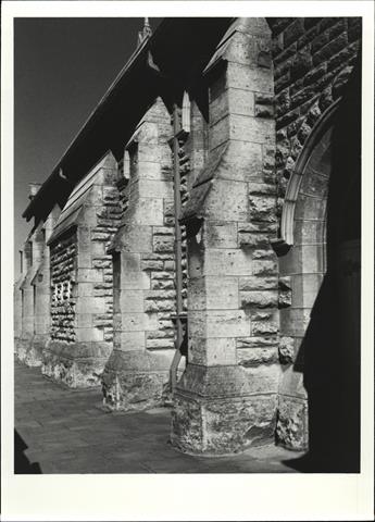 View of East side of church showing detail of masonry & buttresses