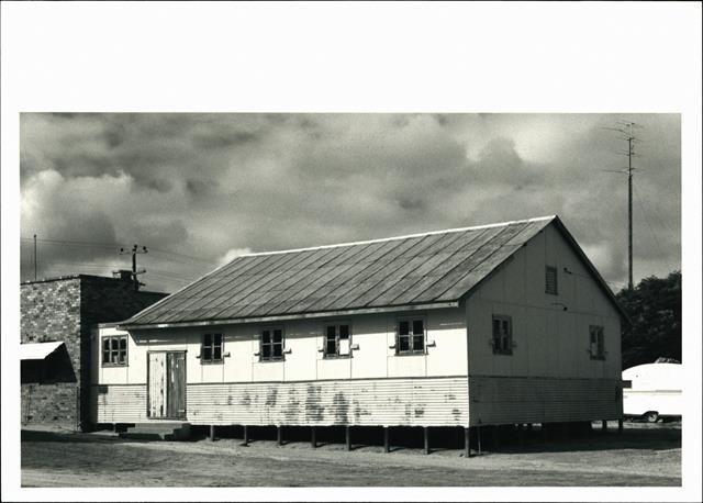 Rear right corner elevation of older portion of hall